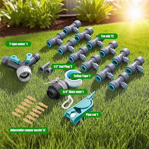 27pcs Drip Irrigation System Kit with Quick Connect Fittings, Adjustable Nozzles, and Y-Shaped Distribution Tubing for Garden, Lawn, Greenhouse, and Outdoor Plants