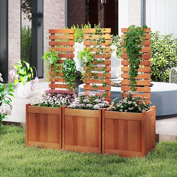 HAPPYGRILL Raised Garden Bed with Trellis, Outdoor Elevated Planter Box w/Trellis, Open-Ended, for Climbing Plant Vine Flower Vegetable, Freestanding Privacy Planters for Patio Yard, 16"x16"x48" (2)
