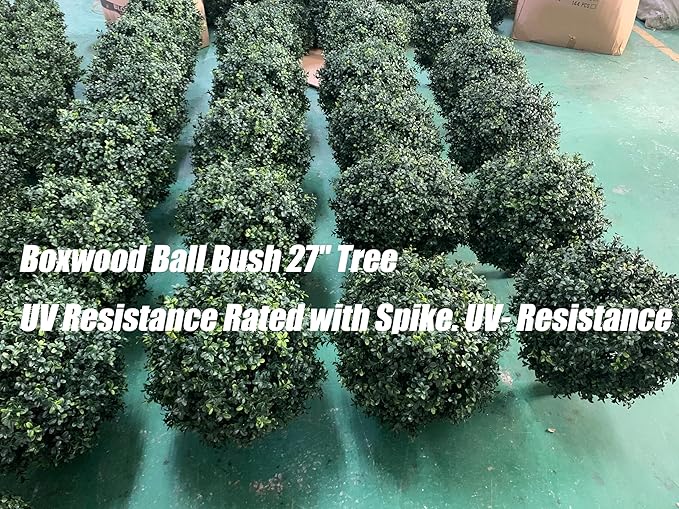 kyesyes Artificial Boxwood Ball Bush 27" Tree UV Resistance Rated with Spike. Easy to Push in The Ground.Plant Looks Great in a Planter Anywhere. Indoor/Outdoor Decor 2 Pack