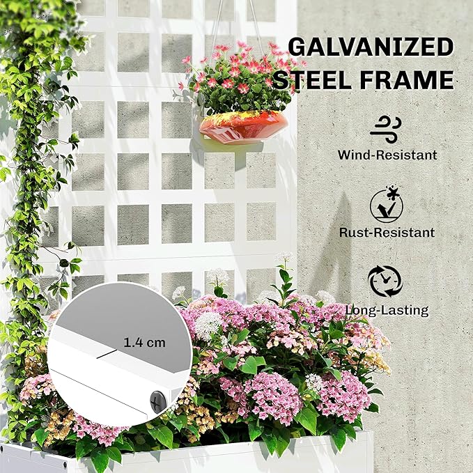 Outsunny Galvanized Raised Garden Bed with Trellis, Metal Planter Box with Drainage Holes, Outdoor Privacy Screen for Climbing Plants, Vegetable, Vines, 24" x 9" x 44.5", White