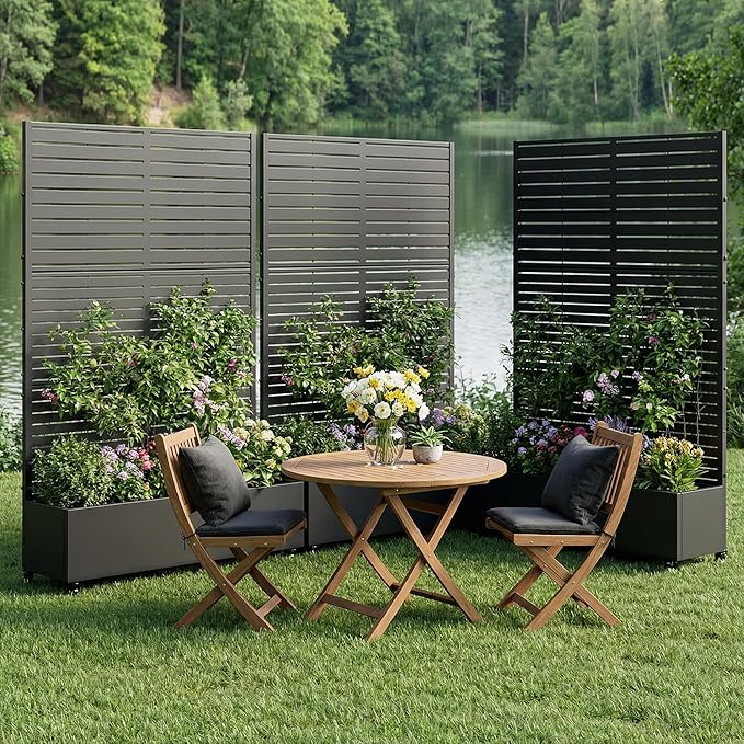 Casaphoria Metal Raised Garden Bed with Trellis and Wheels, 72"x47"x16" Planter Box for Climbing Plants, Vegetables & Vines, Features Drainage Holes and Privacy Screen (Black-Louvered)