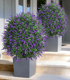 26'' Artificial Boxwood Topiary Trees with Lavender Flowers 2 Pack Fake Plants for Outdoor Indoor Artificial Shrubs with Metal Ground Spike UV Resistant Fake Bushes for Front Porch Garden, Purple