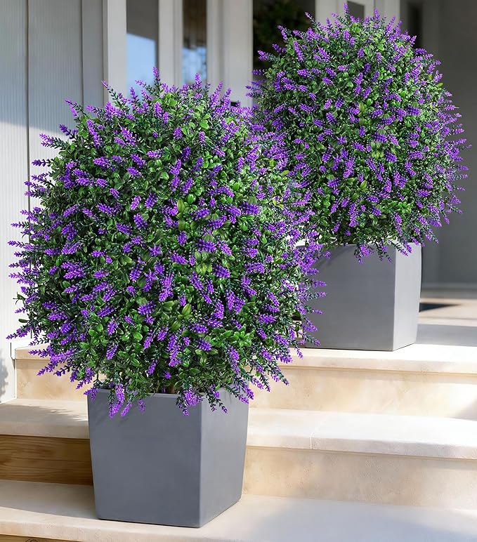 26'' Artificial Boxwood Topiary Trees with Lavender Flowers 2 Pack Fake Plants for Outdoor Indoor Artificial Shrubs with Metal Ground Spike UV Resistant Fake Bushes for Front Porch Garden, Purple