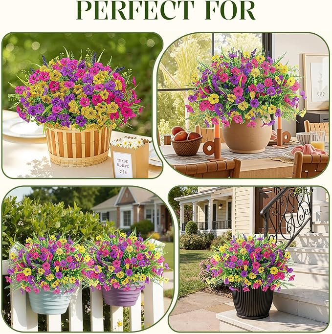 Alupssuc 36 Bundles Artificial Flowers for Outdoors Spring Summer Decoration, UV Resistant Eucalyptus Violet and Lavender Silk Fake Plants for Outside Indoor Yard Home Patio Decor, Yellow Rose Purple