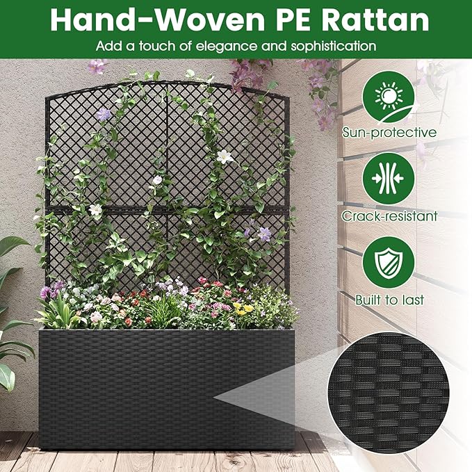 Giantex Raised Garden Bed with Trellis, 58'' Tall PE Rattan Planter Box w/Liner & Drainage, Metal Frame Privacy Screen for Vertical Climbing Plants, Vegetables & Flowers, Patio Balcony Gardening