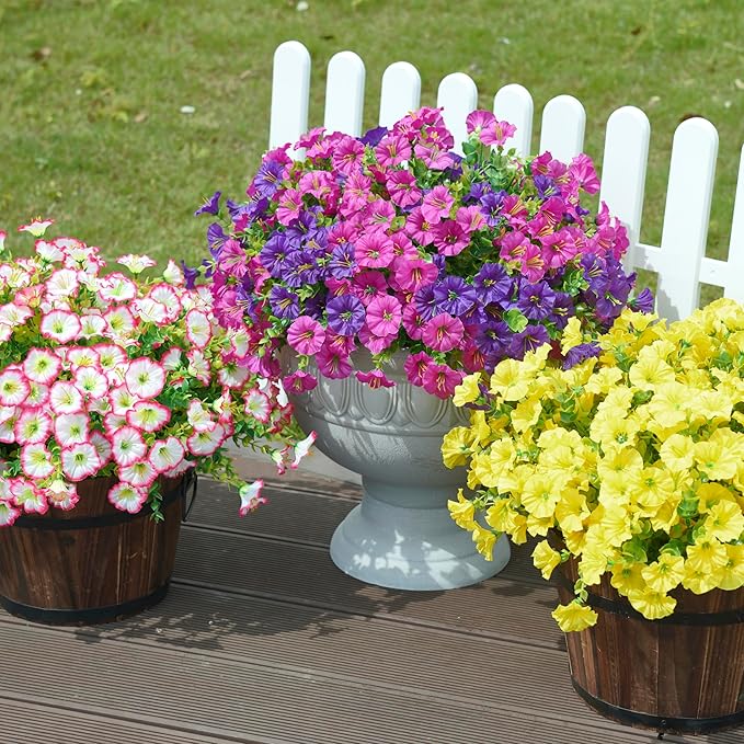HyeFlora Artificial Faux Outdoor Flowers Plants for Spring Summer Decoration, 12 Bundles Silk Outside Morning Glory UV Resistant Realistic Fake Flowers for Planter Front Door Patio Yard Window Porch
