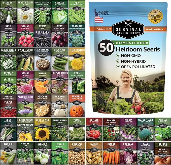 Homesteader Seed Vault - 50 Packs of Non-GMO Heirloom Vegetable, Fruit, Herb Seeds for Planting a Victory Garden - Grow Survival Food for Storage, Emergency Preparedness - Survival Garden Seeds