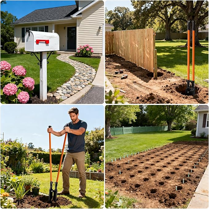 Nohovu Post Hole Digger, Heavy Duty with Fiberglass Handle, Carbon Steel Blades, 58 Inches, Orange & Black