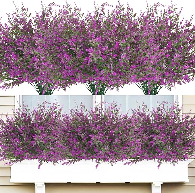 42 Pcs Fake Lavender Flowers Outdoor UV Resistant Faux Plastic Lavender Flowers No Fade Artificial Lavender Purple Plants for Outside Garden Porch Window Box Hanging Planter Decor (Fushia)
