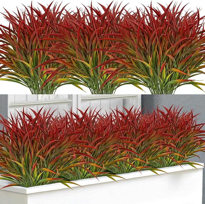 Ouddy Decor 16 Bundles Artificial Plants Outdoor Fake Grass Greenery Stems UV Resistant Faux Plastic Plants Shrubs for Spring Summer Garden Pathway Window Box Farmhouse Front Porch Home Decor, Red