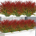 Ouddy Decor 16 Bundles Artificial Plants Outdoor Fake Grass Greenery Stems UV Resistant Faux Plastic Plants Shrubs for Spring Summer Garden Pathway Window Box Farmhouse Front Porch Home Decor, Red