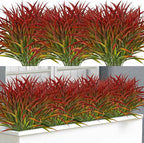 Ouddy Decor 16 Bundles Artificial Plants Outdoor Fake Grass Greenery Stems UV Resistant Faux Plastic Plants Shrubs for Spring Summer Garden Pathway Window Box Farmhouse Front Porch Home Decor, Red