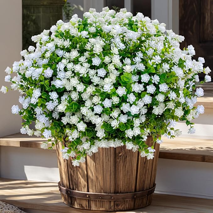 Artificial Flowers for Outdoors Fake Plants - 12 Bundles Faux Outside Greenery Boxwood No Fade Plastic Shrubs Fall Decor Farmhouse Home Garden (White)
