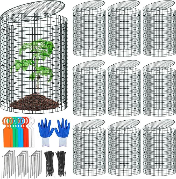 10 Pack Wire Plant Protector with Cover, 16"x12" Detachable Metal Plant Protectors Mesh, Garden Plant Protectors for Shrubs Flowers Vegetables to Keep Rabbit & Chicken Animals Out