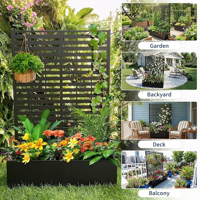 Metal Raised Garden Bed with Trellis & Privacy Screen, 71.5"x47"x16" Galvanized Metal Planter Box with Wheels & Drainage Holes for Patio Balcony Climbing Plants Flowers Vegetable, Black