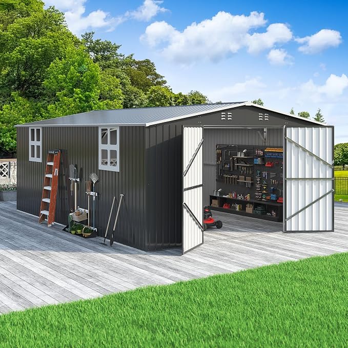 Polar Aurora 12x18 FT Outdoor Storage Shed, Garden Shed with Window, Updated Frame Structure and Lockable Doors, Metal Tool Sheds for Backyard Garden Patio Lawn, Black