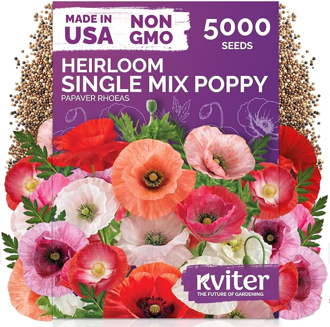 KVITER 5000 Single Mix Poppy Seeds (Papaver Rhoeas) - Shirley Poppies, Mix Color, Tall Flowers, Deer Resistant Cut Flowers, Wildflower Seed Packets - Annual Flower Seeds for Outdoor Garden, Flower Bed