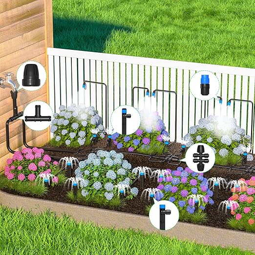 MIXC 247 FT Drip Irrigation System,Quick Connector Garden Watering System Automatic Sprinkler System Kit for Lawn Raised Bed Greenhouse Plant Watering System with 1/4'' Tubing,Drip Emitters,Connectors