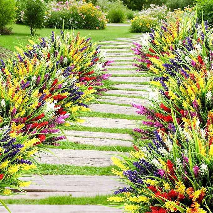 Geegoods Artificial Plants Flowers Outdoor – 24 Bundles UV Resistant Faux Lavender Flowers with Monkey Grass for Garden Porch Window Patio Hanging Planter Decor