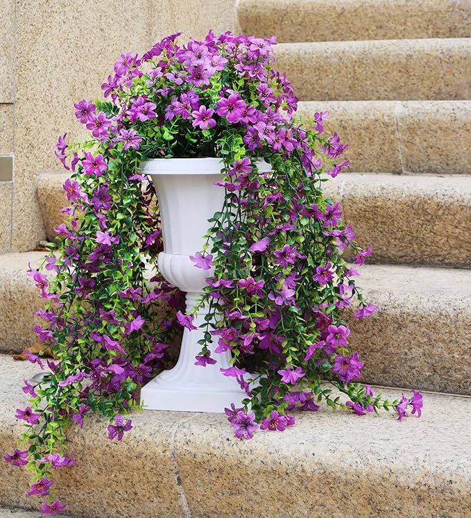 Artificial Hanging Flowers for Outdoors, 4 Pack Fake Hanging Plant for Spring Summer Decor, UV Resistant Faux Silk Flower for Planter Porch Patio Balcony Yard Decoration (Light Purple)