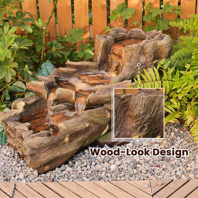 Sunlinua 34.25" L Outdoor Water Fountain with 3 Tiers Large Cascading Realistic Tree Trunk Waterfall Fountains with LED Lights Outdoor Water Fountain for Garden Patio Backyard Porch Home Decor