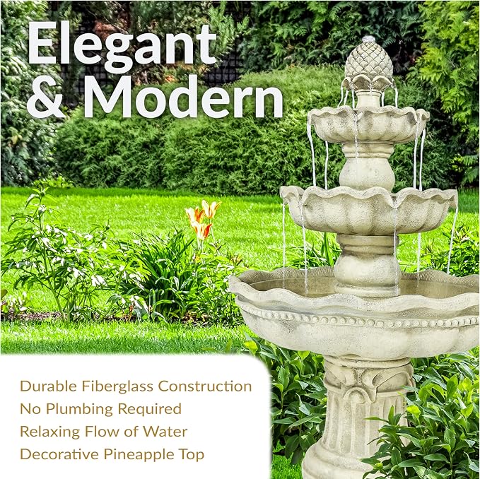 Sunnydaze 51-Inch 3-Tier Water Fountain – Electric Outdoor Fountain with Pineapple Top – Outdoor Patio & Garden Water Feature – Continuous Flow Pump with 6 ft Cord – White