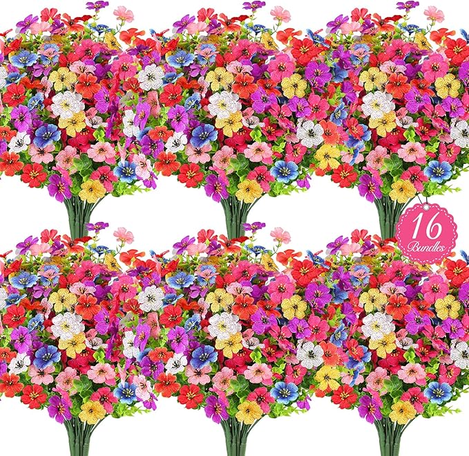 16 Bundles Artificial Flowers for Outdoors, Realistic Fake Silk Flowers for Outside, UV Resistant Faux Plants for Outdoor Planter, Hanging Basket - Porch Spring Easter Decor(8 Colors)
