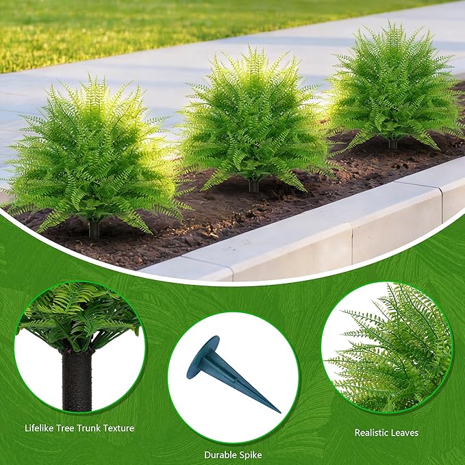Yangrass Artificial Outdoor Fern Topiary Trees with Ground Spikes, Set of 2 Lifelike Faux Greenery Bush Fake Shrubs Indoor, UV Resistant Artificial Fern Plants for Front Porch Patio Garden Decor