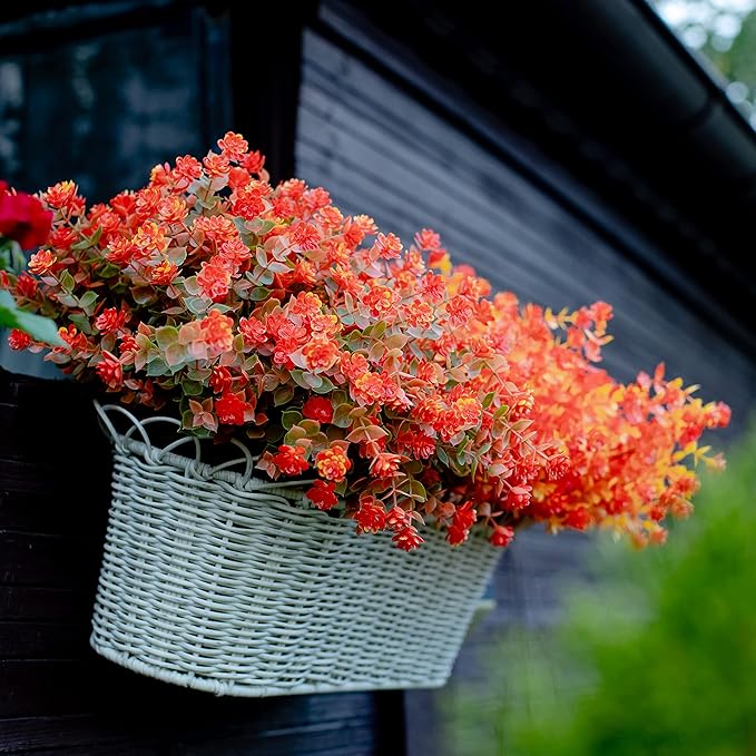 Artificial Fall Flowers Outdoor Fake Mums - 12 Bundles Fake Plants UV Resistant No Fade Faux Plastic Greenery Garden Porch Patio Fall Home Decor(OrangeGreen)