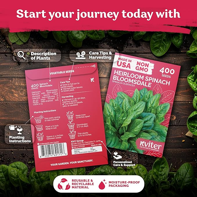KVITER 400 Bloomsdale Spinach Seeds (Spinacia oleracea) — Non-GMO & Heirloom, Heat Tolerant, Cut and Come Again — Spinach Organic Vegetable Seeds for Planting in Outdoor & Indoor Garden, Containers