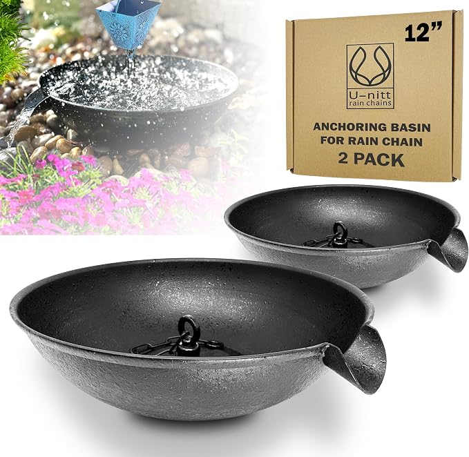 U-nitt 2PK 12" Spill Bowl Downspout Catch Basin for Rain Chain Anchoring Stake | Rainwater Collection for Roof |Gutter Catch Basin | Good for Water Fountain & Birdbath | Black | Handles Heavy Rain