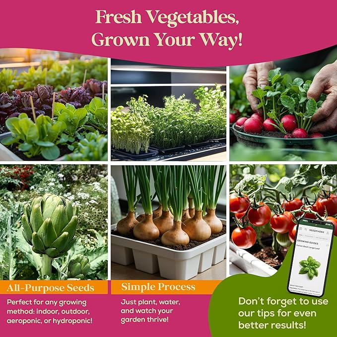 Seedphony 50 Gourmet Garden Vegetable Seeds Variety Pack - 34,455+ Non-GMO Heirloom Vegetables Seeds for Planting Indoor Outdoor: Broccoli, Carrot, Onion, Lettuce, Pepper - Gardening Seed Packets