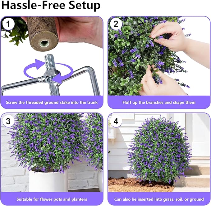 26'' Artificial Boxwood Topiary Trees with Lavender Flowers 2 Pack Fake Plants for Outdoor Indoor Artificial Shrubs with Metal Ground Spike UV Resistant Fake Bushes for Front Porch Garden, White