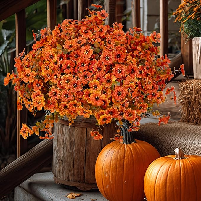 AXYLEX Artificial Fall Flowers Outdoor Fake Mums - 16 Bundles Fake Plants UV Resistant No Fade Faux Plastic Greenery Garden Porch Patio Fall Home Decor (Orangegreen)