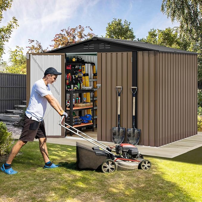 DWVO 7x5ft Metal Outdoor Storage Shed, Waterproof Tool Shed Heavy-Duty Storage Unit with Lockable Door and Vents, Ideal for Bicycles, Tools, Lawnmowers, Backyards, Patios, Lawns - Brown