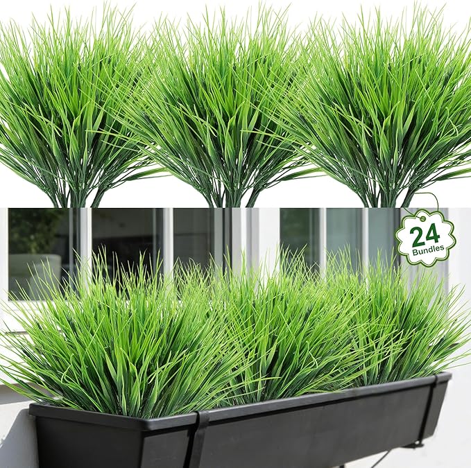 Roberly 24 Bundles Artificial Grass Plants for Outdoors UV Resistant Plastic Fake Grass Plants Faux Greenery Stems for Porch Garden Window Box Indoor Outdoor Spring Summer Home Farmhouse Decor, Green