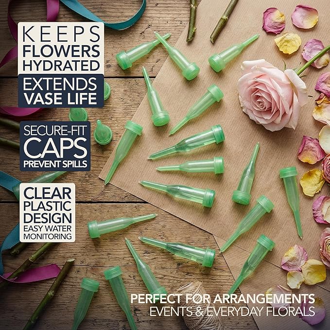 Royal Imports Floral Water Tubes with Caps – 2.5" Green Plastic Flower Vials for Single Stem Roses, Buds, Bouquets – Pointed Style, 1/2" Opening – 25 Pack