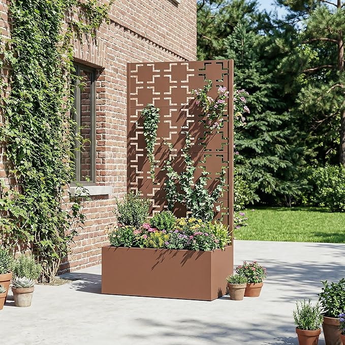 Casaphoria Metal Raised Garden Bed with Trellis, 59"x30"x12" Planter Box for Climbing Plants, Vegetables & Vines, Features Drainage Holes and Privacy Screen, Brown-Square