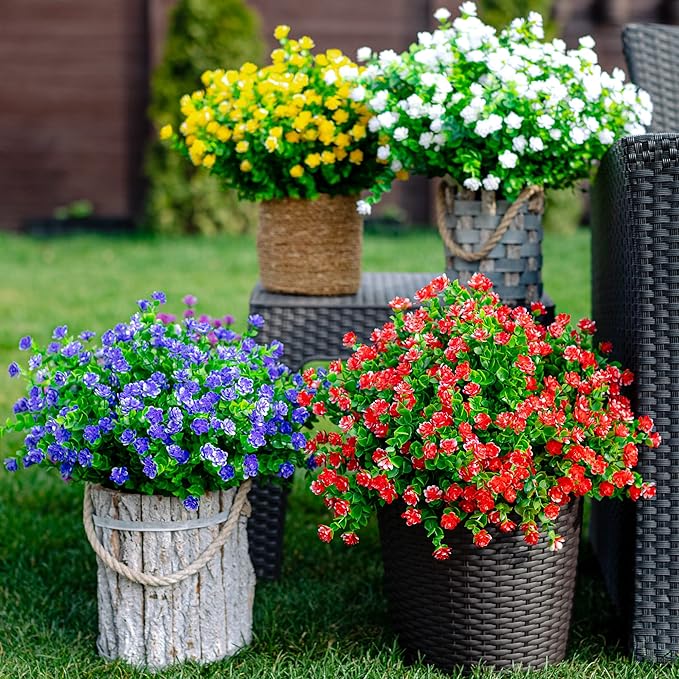 Artificial Flowers for Outdoors Fake Plants - 12 Bundles Faux Outside Greenery Boxwood No Fade Plastic Shrubs Fall Decor Farmhouse Home Garden (Purple)