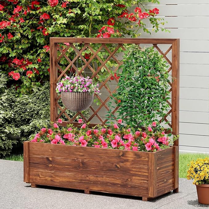 Giantex Raised Garden Bed with Trellis, 39”x14”x40” Wood Elevated Planter Box w/Drainage Hole for Climbing Vine Flower Herb Vegetable Fruit, Planting Container for Indoor Outdoor Patio Balcony