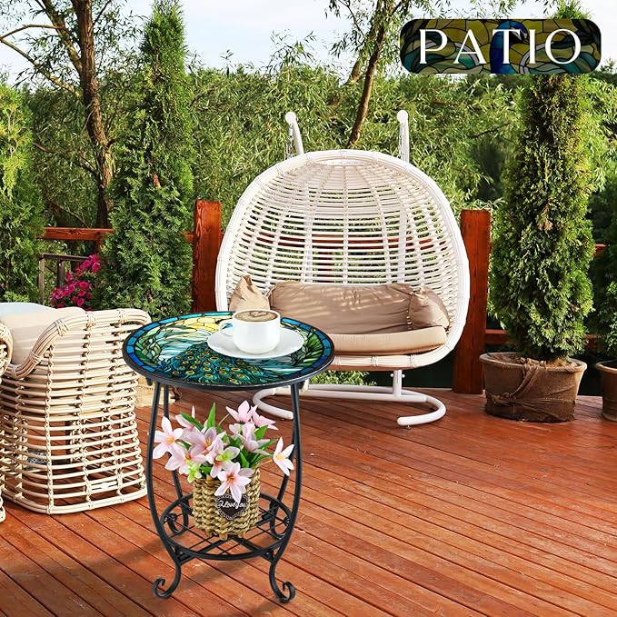 Outdoor Side Table Round Small Mosaic Patio Accent Indoor End Plant Coffee Tea Table for Yard Patio Porch Garden Living Room, Bedroom(Peacock Style,16 Inch)