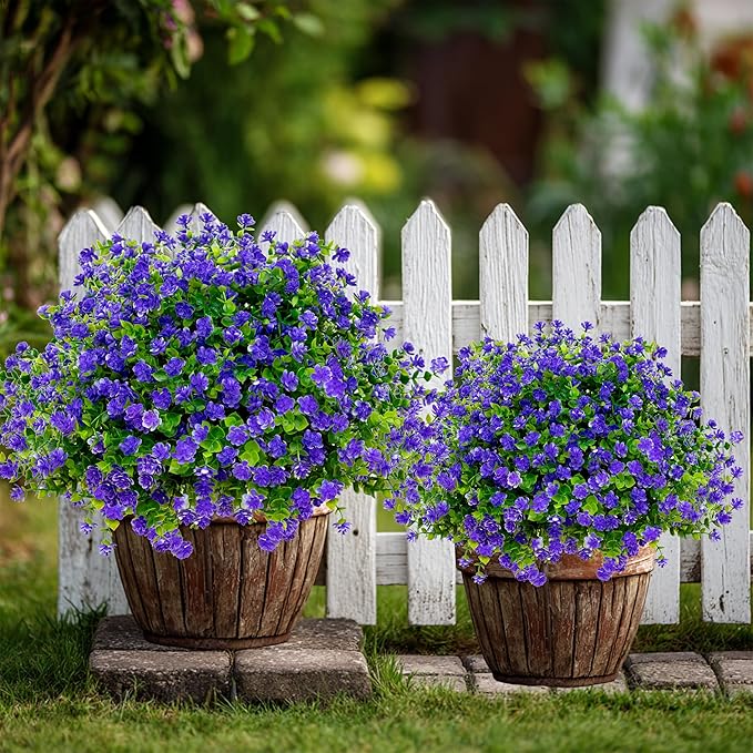 Artificial Flowers for Outdoors Fake Plants - 12 Bundles Faux Outside Greenery Boxwood No Fade Plastic Shrubs Fall Decor Farmhouse Home Garden (Purple)
