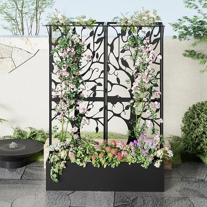 Metal Planter Box with Trellis Set of 2, Outdoor Privacy Planters for Patio, Tall Raised Garden Bed for Climbing Plants, Vegetables, Fruits, Balcony, Outside, 62.4 x 12.2 x 44.6 Inch, 2PCS, Black