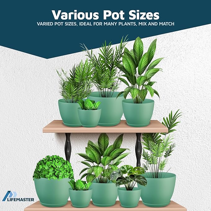 Planter Pots with Drainage Holes - Lightweight, Durable, & Space-Saving Pots for Indoor and Outdoor - Versatile Functionality, Simple Modern Design, Set of 10 Plastic Planter Pots Mint