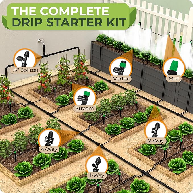CARPATHEN Drip Irrigation System - Adjustable Quick Connect Irrigation System for Gardens up to 131ft, Raised Beds - Complete Garden Watering System - 1/4 Emitters, 1/2" and 1/4" Tubing and Connectors