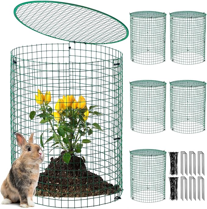 6 Pack Garden Plant Protectors from Animals with Stakes, Metal Mesh and Detachable Covers Wire Plant Cage for Keeping Bunny Animals Out, Chicken Wire Cover Garden Protect (16 * 13 in)
