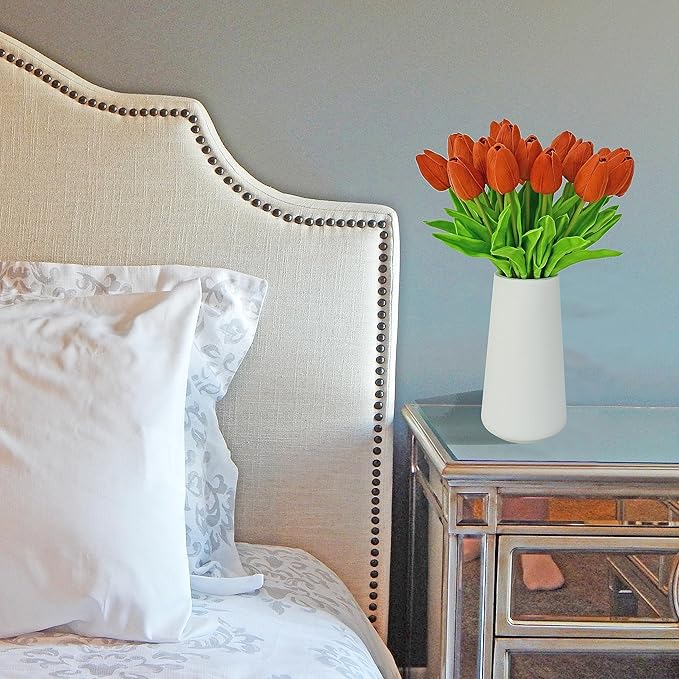 Mandy's Dark Orange Artificial Tulips Flowers Centerpiece, 13.5" Lifelike PU Fake Floral Stems 20pcs for Kitchen Island & Dining Table, Spring Decor for Easter