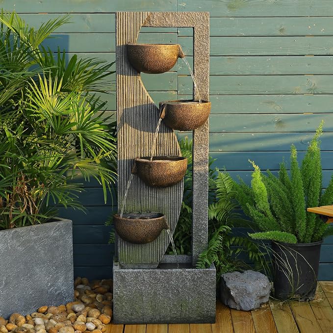 Sunlinua Garden Water Fountains Outdoor 5 Tiered Cascading Bowl Modern Waterfall Fountain with LED Lights, Natural Stones for Garden, Living Room, Patio, Yard Art Decor, 16.3" L * 10.8" W * 49.2" H
