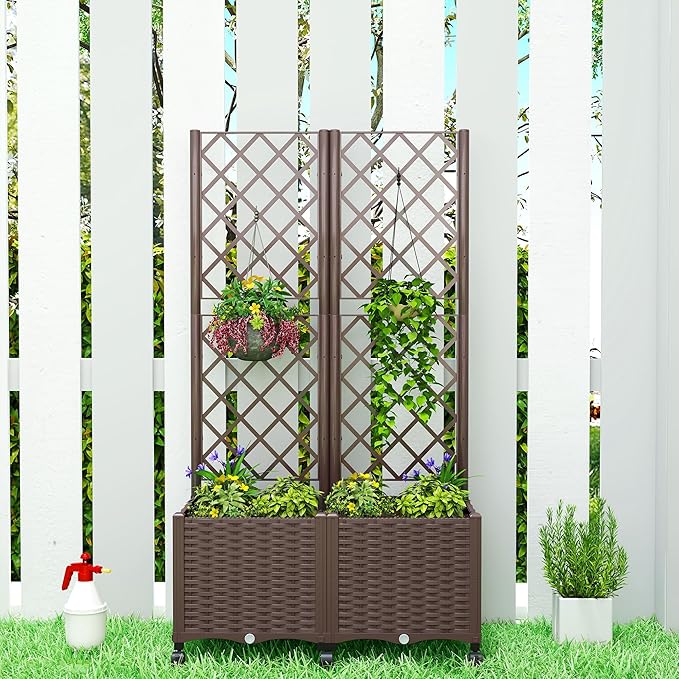 Outsunny Planter Box with Trellis, Self Watering Raised Garden Bed with Lockable Wheels, Privacy Trellis Planter with Drainage Holes for Climbing Plants, Vegetables, Flowers, 56.3", Brown