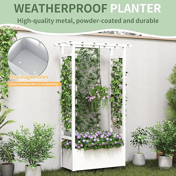 Raised Garden Bed with Trellis & Hanging Roof, Weatherproof Metal Planter Box with Wheels, Garden Arch Trellis for Outdoor Climbing Plants Vines Flowers, 74" H x 44" L x 17" W, White